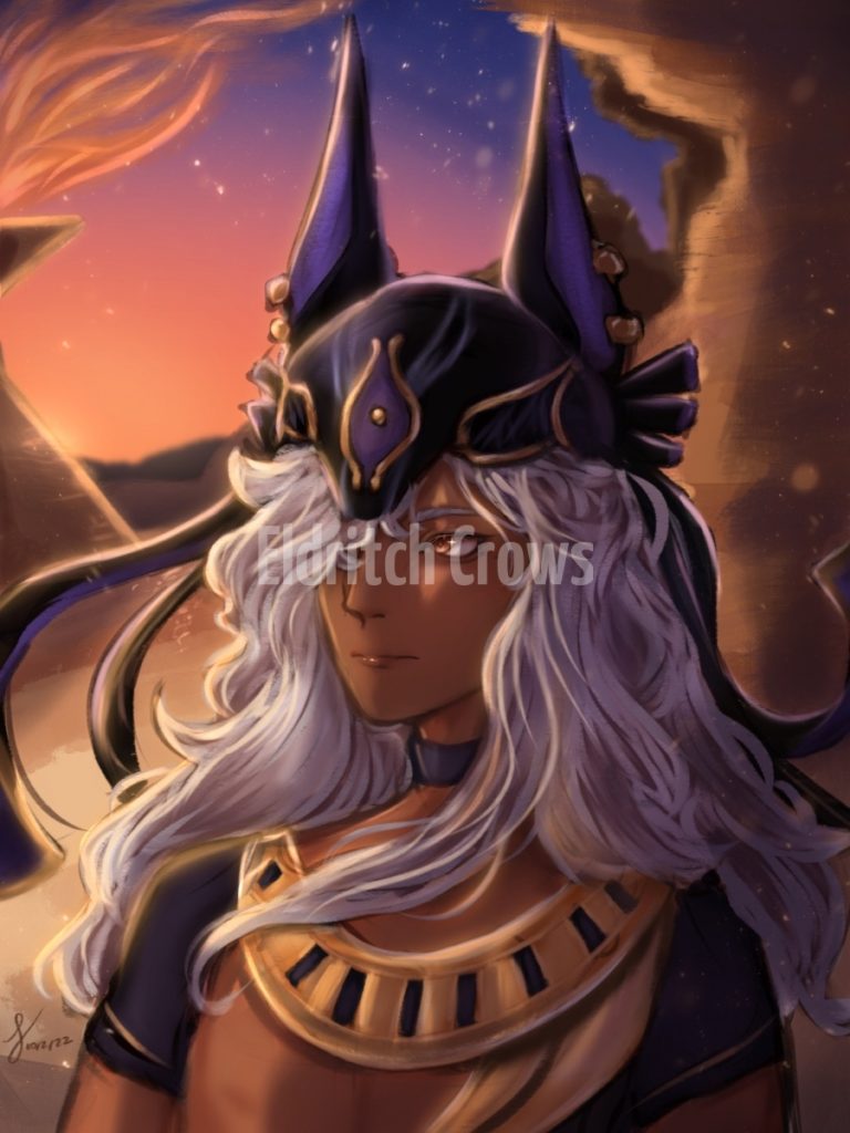 a digital fan art of cyno from genshin impact dressed as anubis