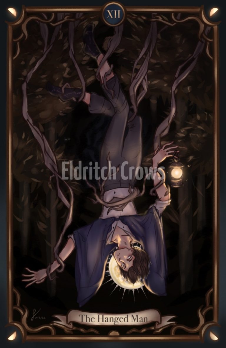 a digital fan art drawing of wirt from over the garden wall in hanged man tarot pose